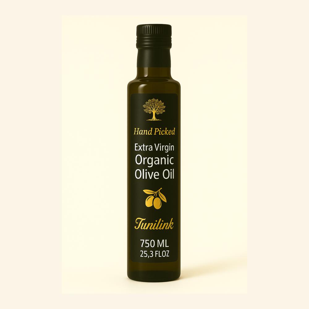 Tunisian organic extra virgin olive oil in glass bottle